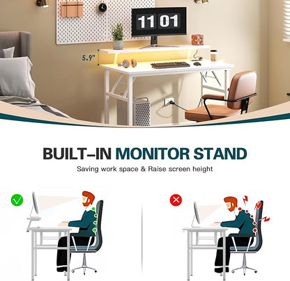 DlandHome Computer Desk 47’’ with LED Lights & Power Outlets,Folding Desk with Monitor Stand, Writing Desk Home Office Desk, Fully Assembled,White