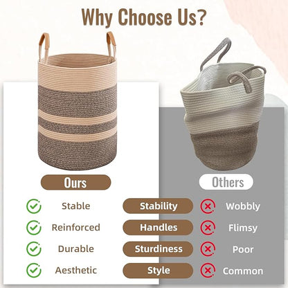 Degeyoyo 75L Striped Laundry Basket, Dark Brown Laundry Hamper with Leather Handles, Woven Cotton Rope Storage Bin for Blankets, Nursery Hamper for Clothes, Toys In Bathroom, Livingroom, Bedroom
