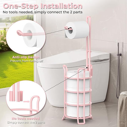 TomCare Toilet Paper Holder Toilet Paper Stand and Dispenser for 3 Spare Rolls Metal Wire Free-Standing Toilet Tissue Paper Roll Storage Shelf Bathroom Accessories Storage Organizer Pink