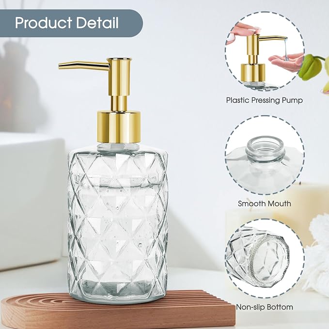 Topsky Glass Soap Dispenser with Plastic Pump,330ml Liquid Hand Soap Dispenser, Rustproof Pump for Kitchen & Bathroom,Great for Lotions,Essential Oil,Liquid Soaps Clear