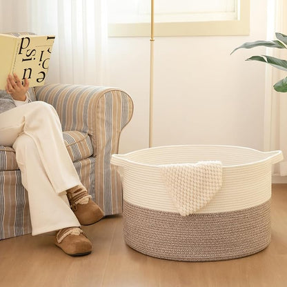OIAHOMY 115L Extra Large Blanket Basket for Living Room, 23.6" x 15.4" Woven Cotton Rope Laundry Basket for Organizing Pillows, Decorative Stuffed Animal Toy Storage for Nursery, White and Pink