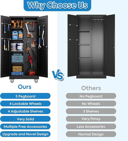 Metal Broom Closet Storage Cabinet with Hanging Rod, Garage Storage Cabinet with Wheels and 4 Shelves, Pegboard and 13 Hooks for Garage Home, Black, Assembly Required