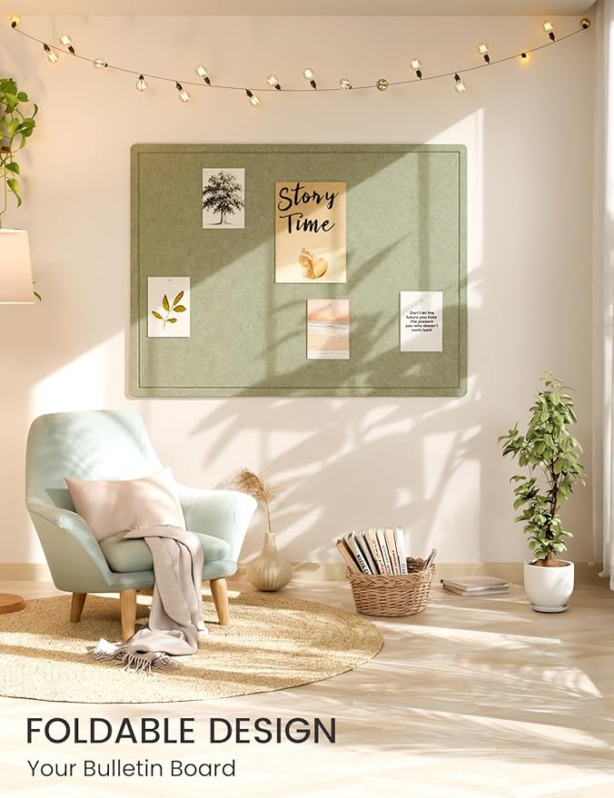 Fluxynara Large Bulletin Board, 47.2" x 35.4" Cork Board Alternative with 24 Safe Removable Adhesive Tabs, Foldable Felt Pin Board for Home Office, Classroom, Bedroom,Entryway for Walls— Sage