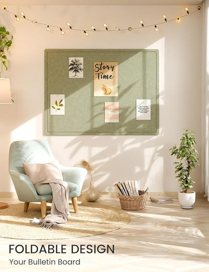 Fluxynara Large Bulletin Board, 47.2" x 35.4" Cork Board Alternative with 24 Safe Removable Adhesive Tabs, Foldable Felt Pin Board for Home Office, Classroom, Bedroom,Entryway for Walls— Sage