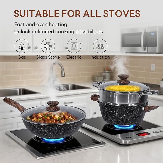 Sweetcrispy 17 Pcs Nonstick Pots and Pans, Induction Kitchen Cooking Set with Stay-Cool Handles, Black
