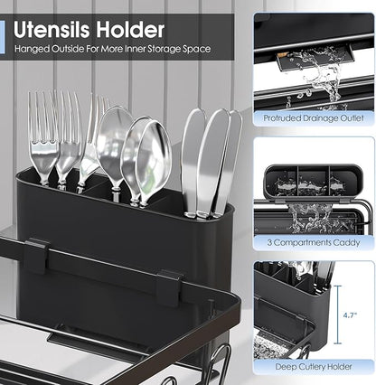 Dish Drainers for Kitchen Counter - Large Capacity Dish Drying Rack with Drainboard, Rustproof & Sturdy Design, Black Dish Rack Perfect for Plates, Cups & Kitchen Countertop Organization