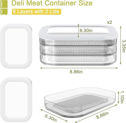 6 Pcs Deli Meat Container for Fridge, Stackable Bacon Lunch Meat Container for Refrigerator, Food Storage Boxes with 2 Lids for Cold Cuts, Cheese, Lunchmeat, Salami, Meal Prep Containers