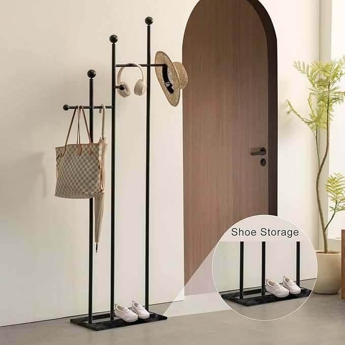 Metal Freestanding Coat Rack with Marble Base Heavy Duty Clothes Rack Coat Tree Stand Hat Rack for Corner Bedroom Entryway Living Room Hotel 19.69 x 11.02 x 68.9 Inches (Black)
