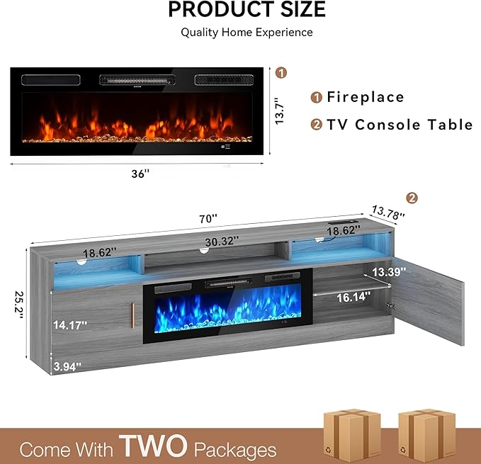 MXV 70" Fireplace TV Stand with Power Outlet for TVs UP to 80", Electric Fireplace Entertainment Center with LED Lights & Storage Cabinets, TV Console for Living Room, Office, Grey-Black