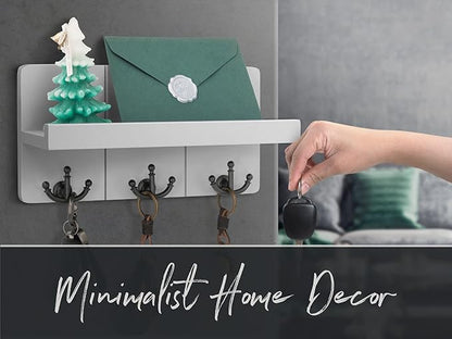 Rebee Vision Decorative Key Holder for Wall: Stylish Farmhouse Mail Organizer Wall Mount with Floating Shelf and 3 Anchor Key Hooks - Rustic Home Decor for Entryway (Light Gray)