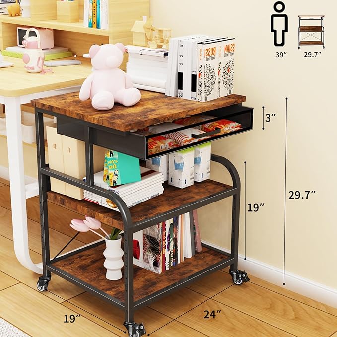 TFK 3-Tier Printer Stand with Drawer, Adjustable Shelf, Rolling Casters, 23.6 x 18.9 x 30 Inch Heavy Duty Printer Cart for Home Office, Large Printers, 3D Printers, Fax & Heat Press, Brown