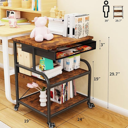 TFK 3-Tier Printer Stand with Drawer, Adjustable Shelf, Rolling Casters, 23.6 x 18.9 x 30 Inch Heavy Duty Printer Cart for Home Office, Large Printers, 3D Printers, Fax & Heat Press, Brown