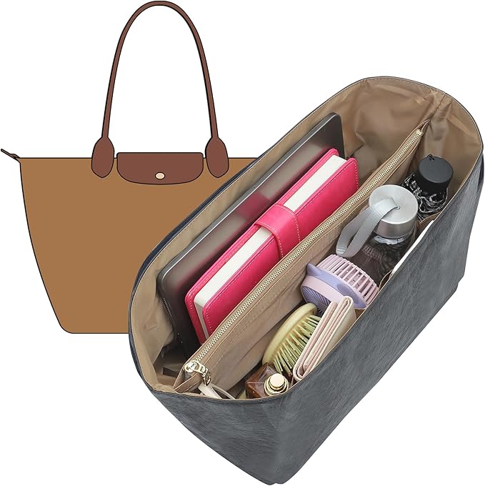 Doxo New DupontPaper Purse Organizer Insert Compatible with Longchamp Le Pliage L Handbag Insert, Lightweight Waterproof Le Pliage Large Organizer(Black&Brown, Large)