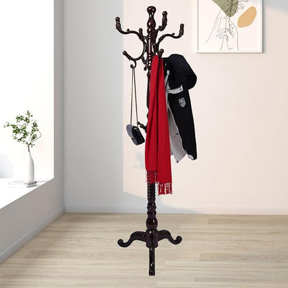 Coat Rack Freestanding with 18 Hooks, Wooden Standing Coat Racks for Entryway, Solid Wood Clothes Hanger Rack with Sturdy Round Base for Entryway, Hall, Bedroom, Office, Hallway (Triangular base)