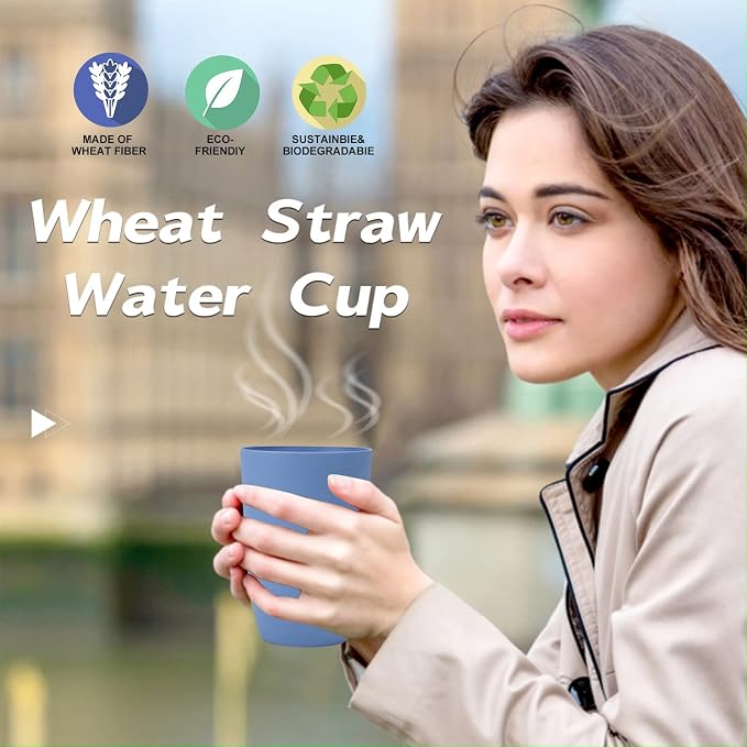Wrova Wheat Straw Cups 6 PCS Good Alternative to Plastic Reusable Cups 12 oz Unbreakable Drinking Cup Reusable Dishwasher Safe Water Plastic Glasses Light Blue