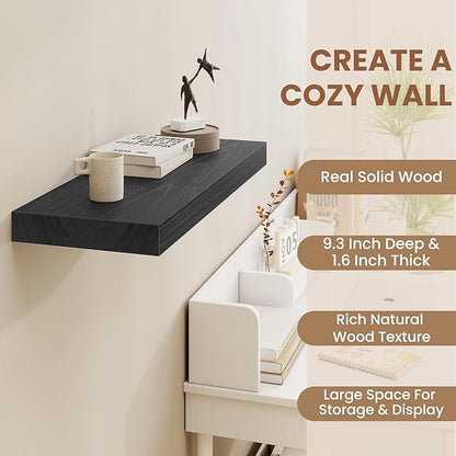 Black Floating Shelves 24 Inch Long, 9.3 Inch Deep Floating Shelves for Wall, Rustic Solid Wood Shelves, Deep Wall Shelves for Living Room, Bedroom, Kitchen, 24"W x 9.3"D x 1.6"H, Set of 2