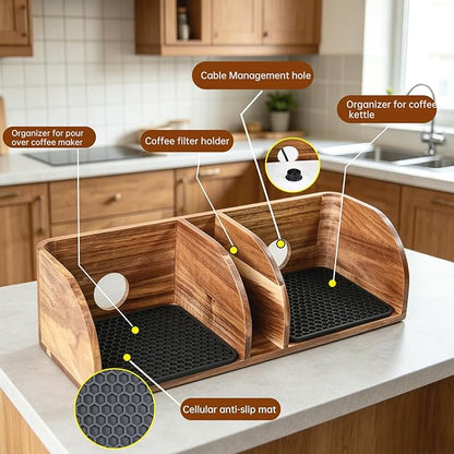 MAVOTER Acacia Coffee Bar Station Organizer Stand for Pour Over Maker, Coffee Filter Holder for Countertop ,Wooden Caddy Storage Organizers with Heatproof Mat(17.8*7*5.1 inch)