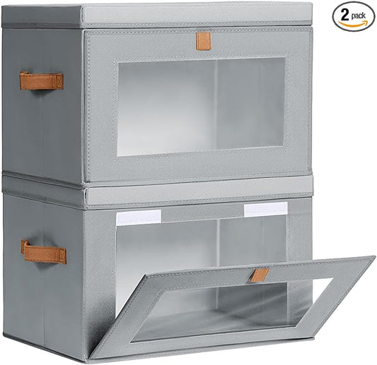 Homsorout Large Closet Storage Organizer - Clothes Storage Bins with Handles & Window, Collapsible Decorative Boxes with Lids, Fabric Containers for Living Room, Dorm, 2 Pack, Grey
