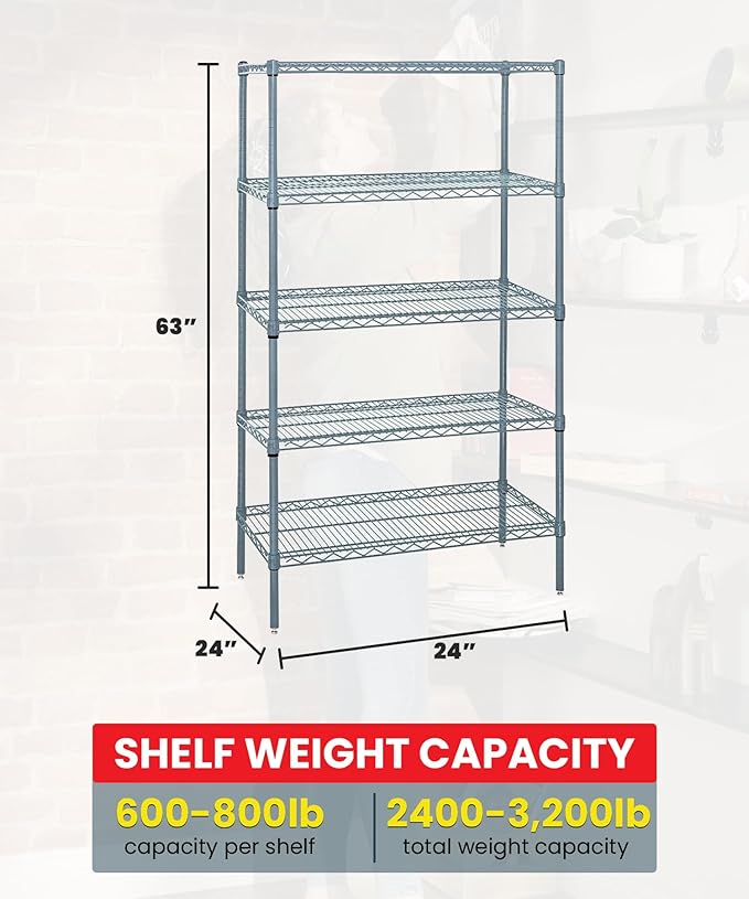 Quantum Storage Systems WR63-2424GY-5 Wire Shelving 5 Shelf Starter Units, 24" x 24" x 63", Gray Epoxy