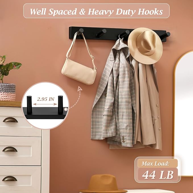 Coat Rack Wall Mount, Wooden Coat Hanger with 5 Hooks, Heavy Duty, Black, 1 Pcs