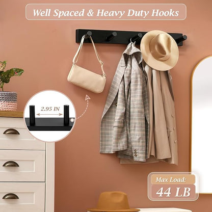 Coat Rack Wall Mount, Wooden Coat Hanger with 5 Hooks, Heavy Duty, Black, 1 Pcs