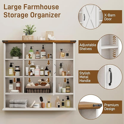 Bathroom Wall Cabinet, Farmhouse Medicine Cabinet with Adjustable Shelves and Barn Doors, Large Wall Mounted Over the Toilet Storage Cabinet for Bathroom, Laundry Room, Kitchen, Rustic White and Brown