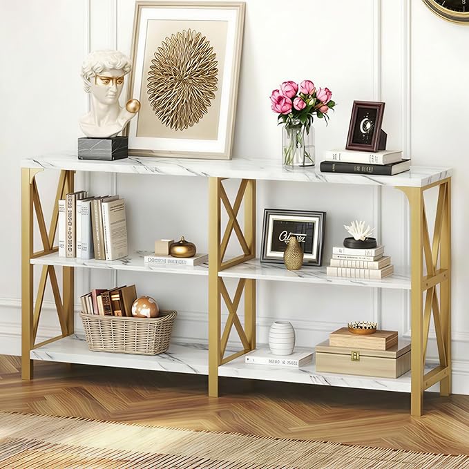 IBF Modern 3 Tier Entryway Table, Industrial Metal Wood TV Console Table with Storage Shelves, Farmhouse White Faux Marble and Gold Sofa Accent Table for Hallway Entry Way Foyer Living Room, 55 Inch