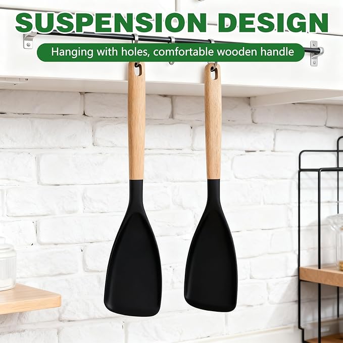 2PCS Cedar and Ash Spoon, Multifunction Nonstick Cookwares Spatula Cooking Spoon, Matte Silicone, Wood Handle Spoon for Mixing, Scoop, and Scrape (Black)