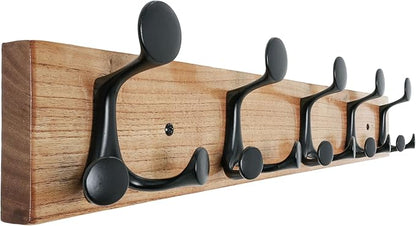 SKOLOO 24-Inch Wood Coat Rack Wall Mount with 5 Triple Hooks - Ideal for Family Entrances, Classrooms, and Pet Supplies Storage - Perfect Coat Hooks for Wall, Black on Natural