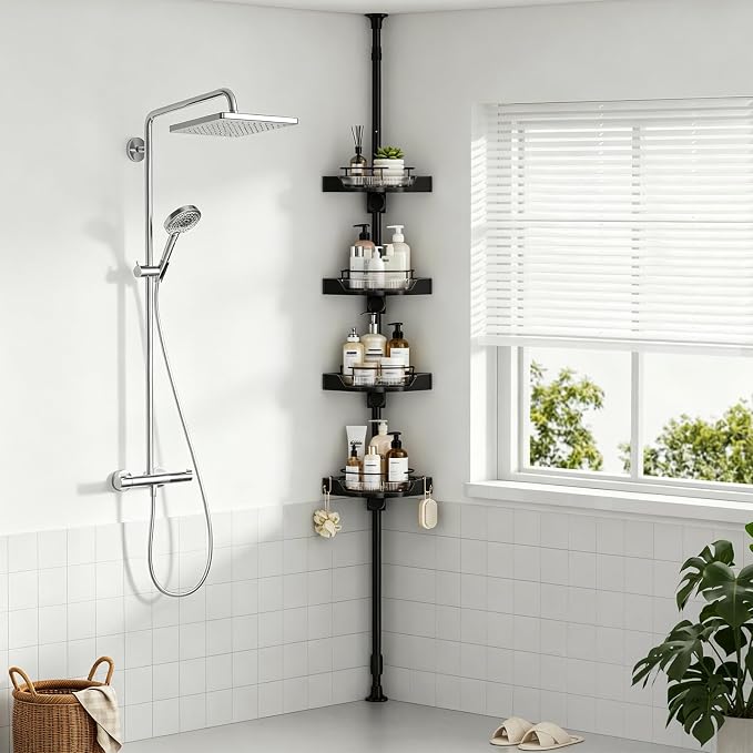 360° Rotating Shower Caddy Tension Pole, 4-Tier Corner Shower Organizer with Adjustable Shelves & Hooks, Rustproof Metal Pole, No Drilling Bathroom Storage Rack for Bathtub, 34-124”(Black)