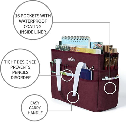 JJRING Craft Organizer Tote Bag, Large Art Storage Caddy with Multiple Pockets, Dark Red Sewing Bag for Art, Craft, Scrapbooking, School, Medical, and Office Supplies Storage