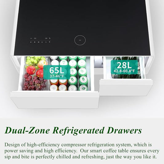 Smart Coffee Table with Fridge and Bluetooth Speakers, Smart Refrigerator Table with 15W Wireless Charger, Touch Control Panel, USB Port, Atmosphere Light and More, LT90 Pro-White