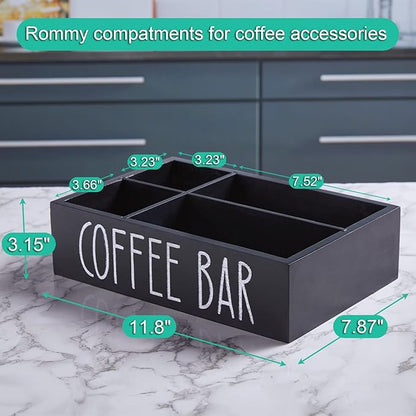 ALELION Coffee Station Organizer - Wood Countertop Accessories Organizer with Removable Dividers for Pods Condiment Syrup Tea Cups Stirrers - for Farmhouse Coffee Bar Decor