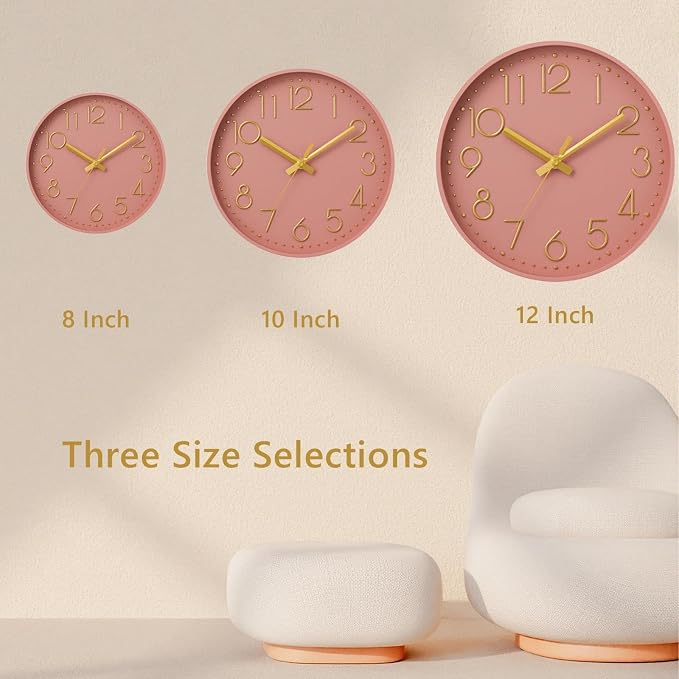 DAXSMY Wall Clock - 8 Inch Silent Non-Ticking Modern 3D Wall Clocks Battery Operated - Decorative Clock for Kitchen, Home Office, Bathroom, Bedroom(Pink)