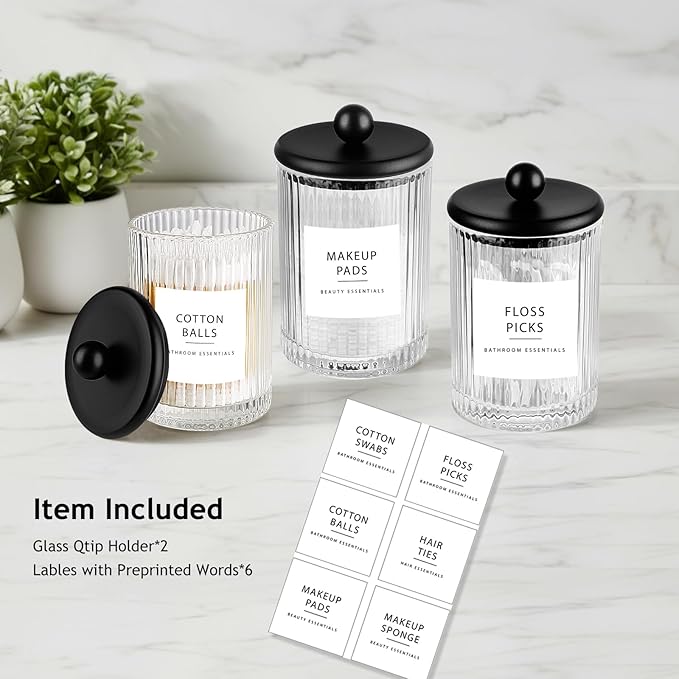 SheeChung 2 Pack Glass Qtip Holder - Apothecary Jars Bathroom Organizer with Metal Lids - Countertop Vanity Canister Set for Cotton Swabs, Rounds, Floss Picks-Modern Luxury Decor (Black Ribbed)