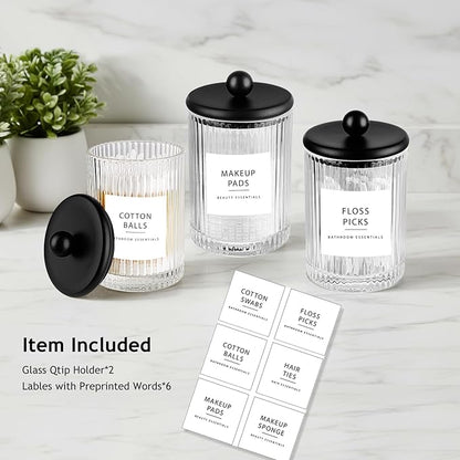 SheeChung 2 Pack Glass Qtip Holder - Apothecary Jars Bathroom Organizer with Metal Lids - Countertop Vanity Canister Set for Cotton Swabs, Rounds, Floss Picks-Modern Luxury Decor (Black Ribbed)