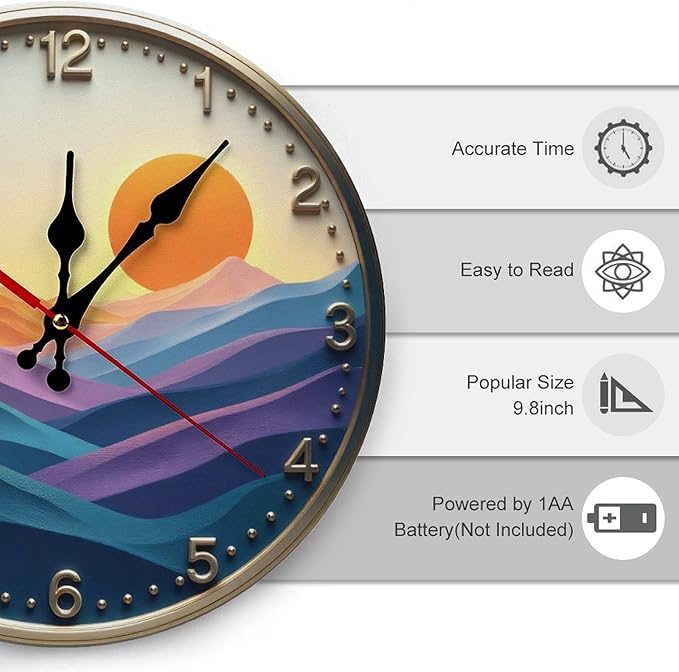 Wall Clock， Sunset Landscape Non Ticking Wall Clocks Battery Operated， Gold Wooden Wall Clocks for Kitchen， Living Room， Bedroom， Office， Bathroom Decorative 25 * 25cm