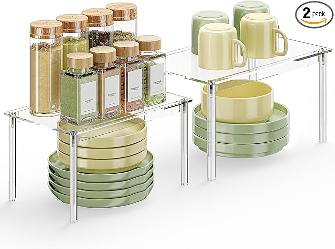 Delamu Cabinet Shelves, Clear Stackable Acrylic Storage Risers with Heavy Duty Support, Cabinet Organizer Shelf for Spices, Seasonings, Jars, Pantry, Kitchen Counter, Easy Assembly