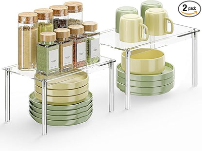 Delamu Cabinet Shelves, Clear Stackable Acrylic Storage Risers with Heavy Duty Support, Cabinet Organizer Shelf for Spices, Seasonings, Jars, Pantry, Kitchen Counter, Easy Assembly