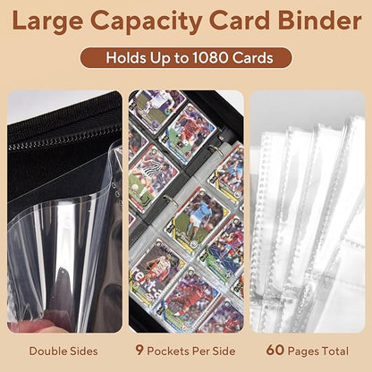 Baseball Card Binder 9 Pocket, 1080 Pockets Trading Card Binder with Zipper, Portable Collector Card Album Storage Organizer for Sports Cards, Game Cards, Gifts for Kids