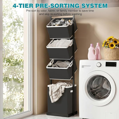 4-Tier Laundry Hamper Sorter, Vertical Laundry Sorter with Removable Basket, Stackable Laundry Cart Organizer and Storage 125L for Small Space, Dorm, Closet, Bathroom Black