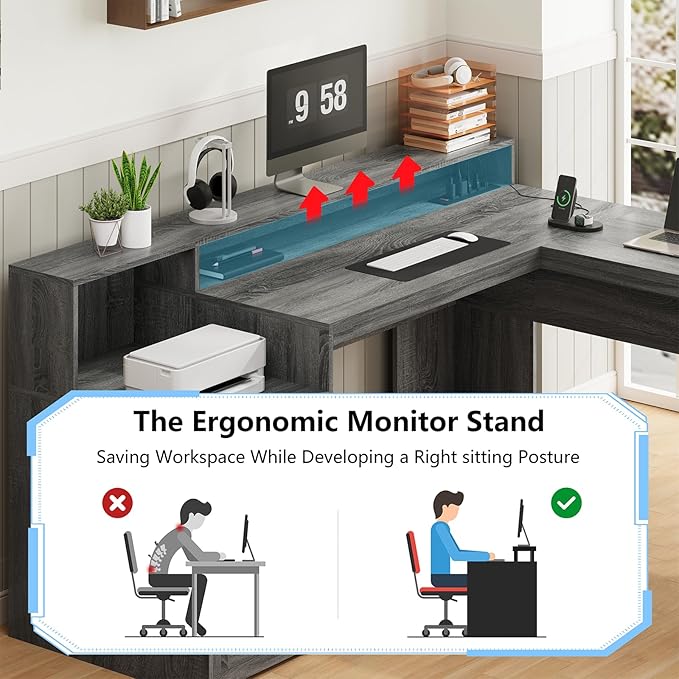 63" Farmhouse L Shaped Executive Desk with Drawers & Storage Shelf, Corner Computer Desk with Power Outlets, L Shaped Office Desk with Monitor Stand, Printer Shelf, Dark Gray