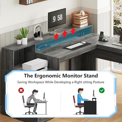 63" Farmhouse L Shaped Executive Desk with Drawers & Storage Shelf, Corner Computer Desk with Power Outlets, L Shaped Office Desk with Monitor Stand, Printer Shelf, Dark Gray