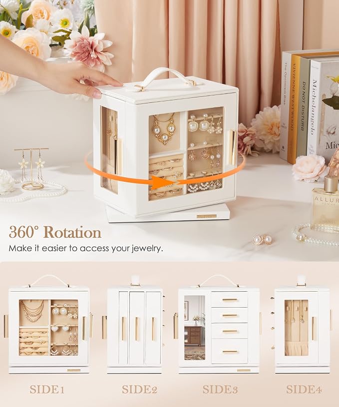 Homde Jewelry Box for Women Large: Rotating Organizer for Ring Earring Necklace Bracelet - 7 Drawers Storage for Dresser (White)