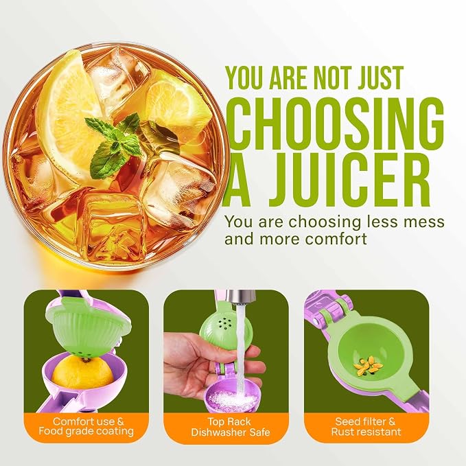 Zulay Kitchen Metal 2-in-1 Lemon Squeezer - Sturdy Max Extraction Hand Juicer Lemon Squeezer Gets Every Last Drop - Easy to Clean Manual Citrus Juicer - Easy-Use Lemon Juicer Squeezer - Purple/Lime