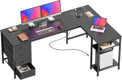 Huuger 63 Inch L Shaped Desk with Fabric Drawers, Reversible Computer Gaming Desk with Power Outlets and USB-C Port, Adjustable Side Storage Shelves, for Work Study Corner Home Office, Black