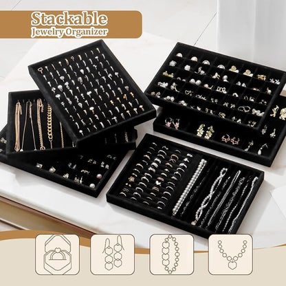 Large Velvet Jewelry Tray 2 Pack Stackable Jewelry Display Drawer Inserts Trays Organizer for Earring Bracelet Necklace Ring (Black, Ring 81 Slots)