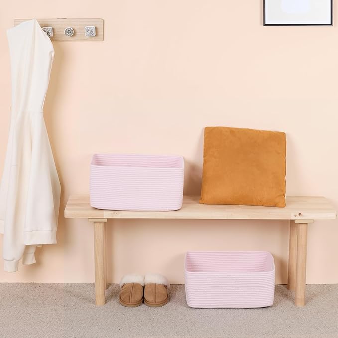 MiniArk Large Storage Baskets for Shelves, Closet Organizers Bins for Clothes Blanket Towels, Baby Nursery, Toy Baskets Box, Woven Rope Baskets, 17 x 13 x 7.5”, 3 Packs Light Pink