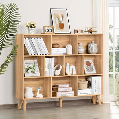 LEYAOYAO 10 Cube Bookshelf,3 Tier 55.12" Wide Boho Bookcase with Legs,Mid-Century Wood Bookshelves Storage,Natural Large Book Case,Freestanding Organizer Display Shelf for Bedroom,Living Room,Office