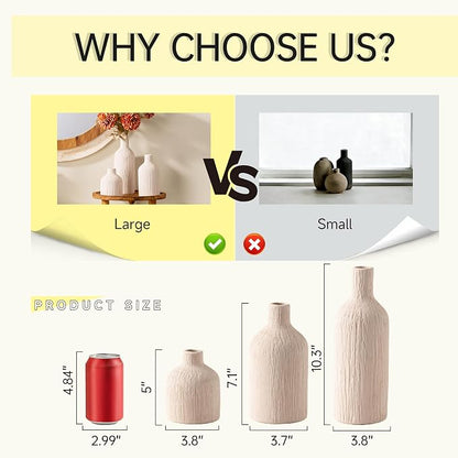Ceramic Vase Home Table Decor - White Flower Vase Set of 3 Living Room Kitchen Decorations Farmhouse Modern Rustic Vases Decorative Centerpiece for Shelf Bedroom Office Bathroom Dining Coffee Desk